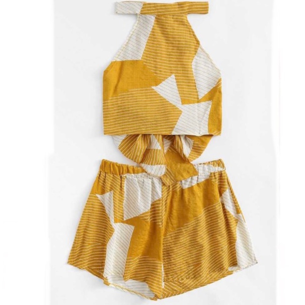 Knot Back Geo Print Halter Top With Shorts